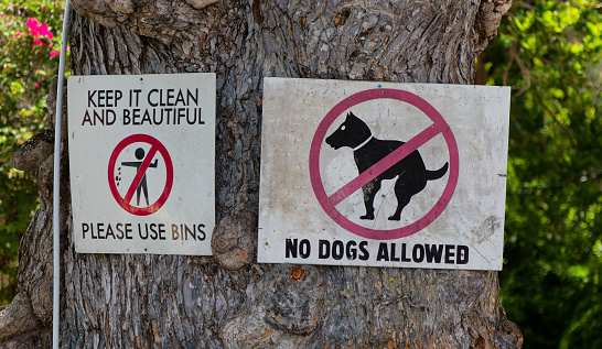 A sign on a beach saying No Dogs Allowed and Keep it Clean and natural
