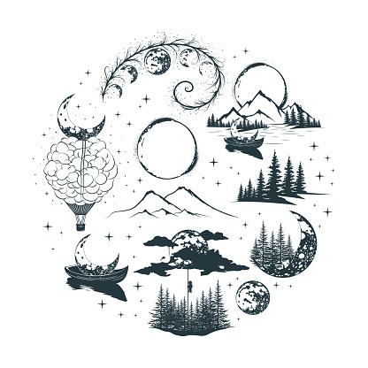 Celestial hand drawn isolated set. Mystical moon collection.  Vector design elements for tattoo,  t-shirt and label