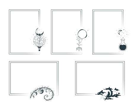 Five Mystical Rectangular Frames With Moon Symbols Lunar Borders