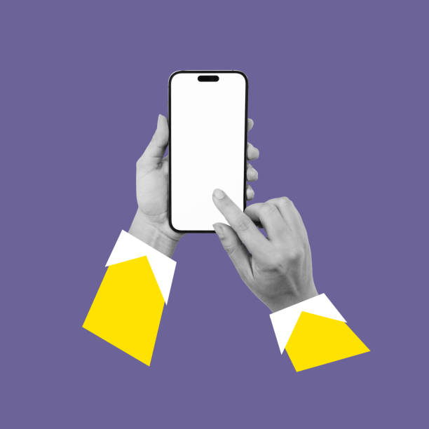 istock Mobile phone with white screen in woman's hands isolated on violet color background. Mock up 1840239612