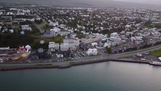 Aerial flyover of downtown Akureyri in northern Iceland