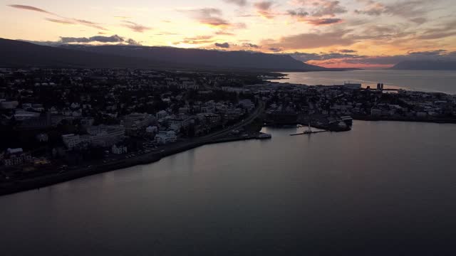 Aerial over Akureyri, Northern Iceland at Sunset