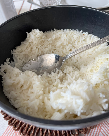 Basmati rice steaming in pan