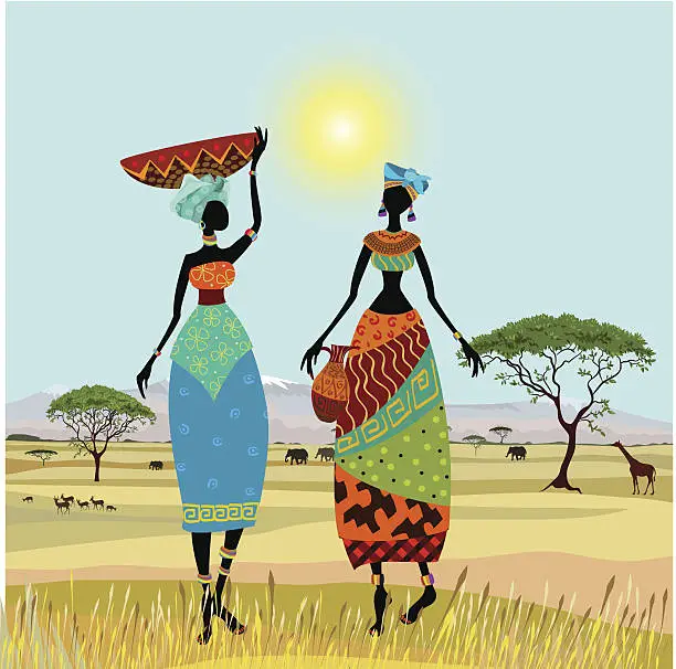 Vector illustration of African women in mountain landscape