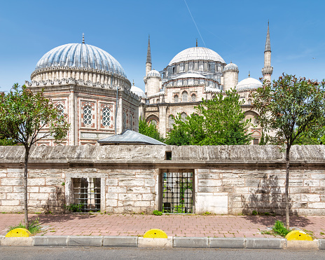 Sehzade Mehmet Turbesi or tomb, with Sehzade Mosque, or Sehzade Camii in the far end, located in the district of Fatih, on the third hill of Istanbul, Turkey