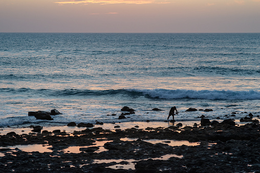 A man with an octopus he just catched at the coast of Lanzarote near El Golfo at dusk