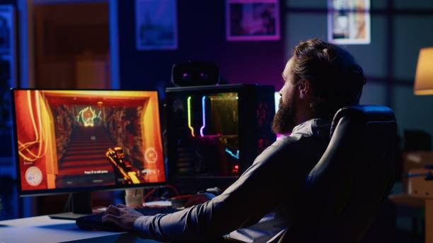 istock Player reaching final mission in FPS videogame, battling flying robots shooting laser bullets 1840263377