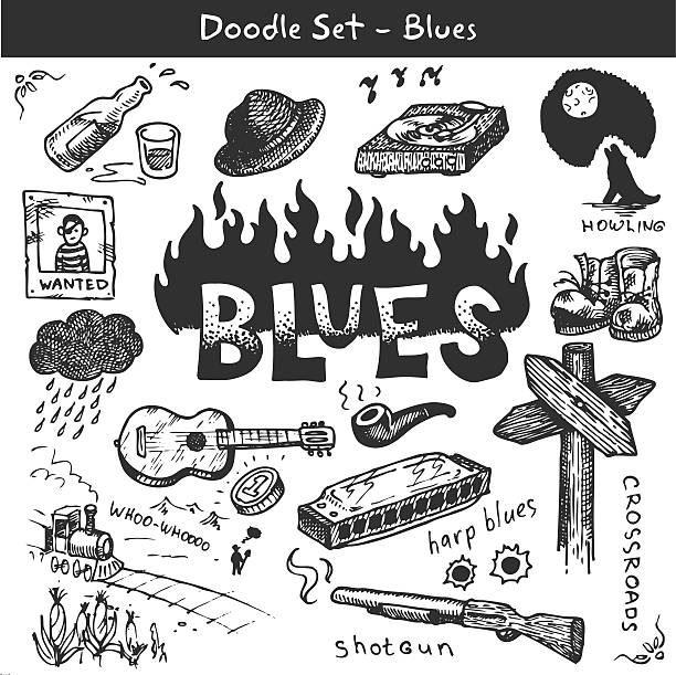 Blues doodles Set of blues icons. Doodle style. harmonica stock illustrations