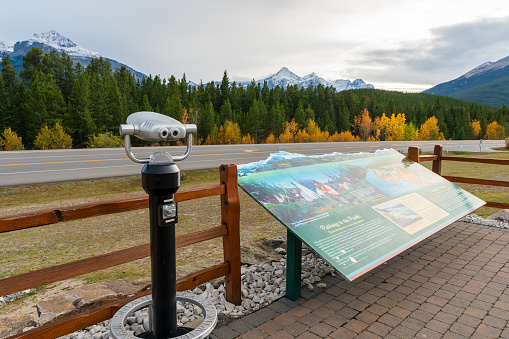 Alberta, Canada - Sep 28 2023 : Indicator of Saskatchewan River Crossing. The junction of Icefields Parkway (Highway 93) and David Thompson Highway (Highway 11).