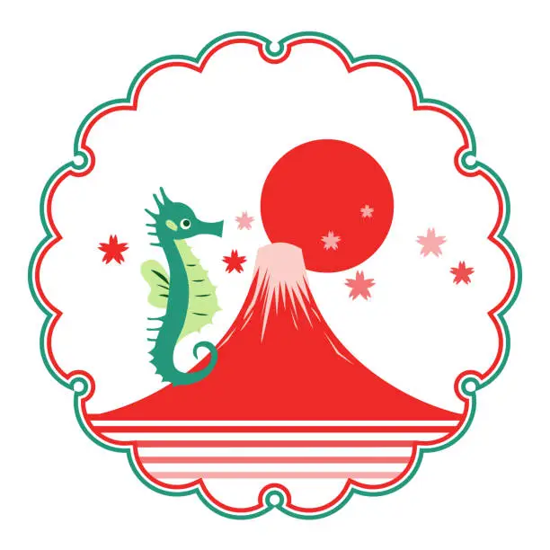 Vector illustration of Japanese-style New Year's card material with seahorse and red Mt. Fuji