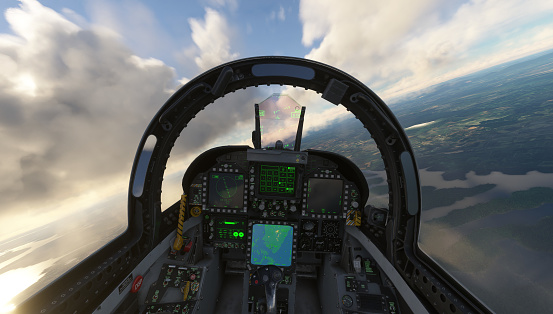Cockpit view from a low altitude from a jet fighter