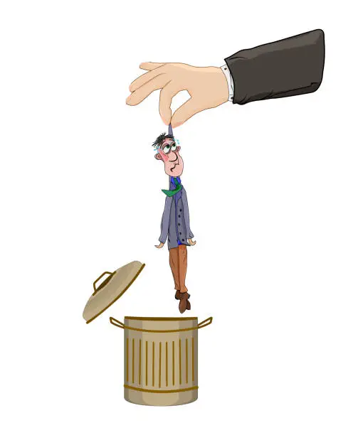 Vector illustration of Big hand throws man into trash. Big hand holding small man over the garbage bin. Bankrupt or competition in market.