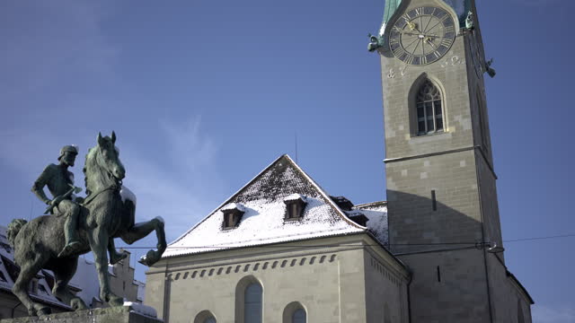 Church of Fraumunster in Zürich with the Bronze Statue of Hans Waldmann