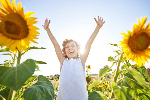 istock Excited boy on sunflower field 1840299610