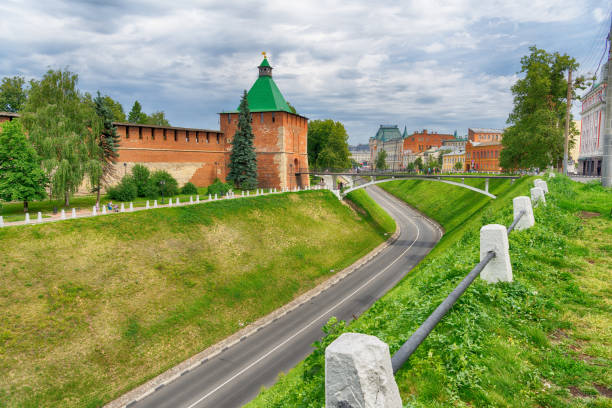 Ancient walls and tower of Nizhny Novgorod Kremlin stock photo