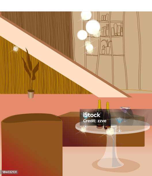 Wohnzimmer Mit Flasche Wein Und Gläser Auf Einem Tisch Stock Vektor Art und mehr Bilder von Bunt - Farbton