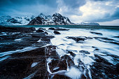 The atlantic in norway during the blue hour on the lofoten