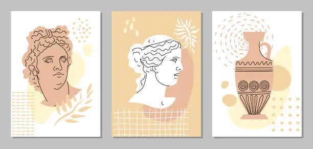 Vector illustration of Set of abstract posters with portraits of Greek sculptures of Venus, Apollo, amphora, abstract figures and plants. Vertical Collection of templates for print, cover, wall art. Pastel colors. Vector.