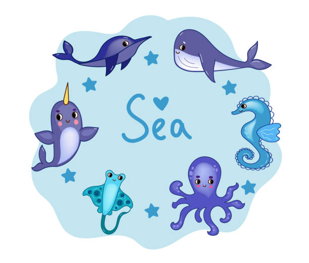 illustrazioni stock, clip art, cartoni animati e icone di tendenza di imposta animali marini. illustrazione vettoriale del fumetto degli oggetti della vita marina. - water plant coral sea jellyfish