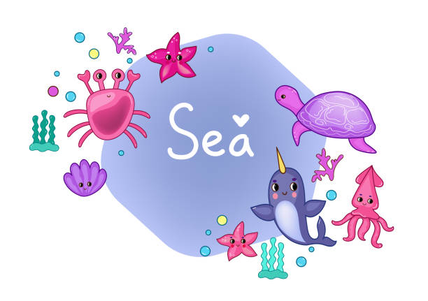 illustrazioni stock, clip art, cartoni animati e icone di tendenza di imposta animali marini. illustrazione vettoriale del fumetto degli oggetti della vita marina. - water plant coral sea jellyfish