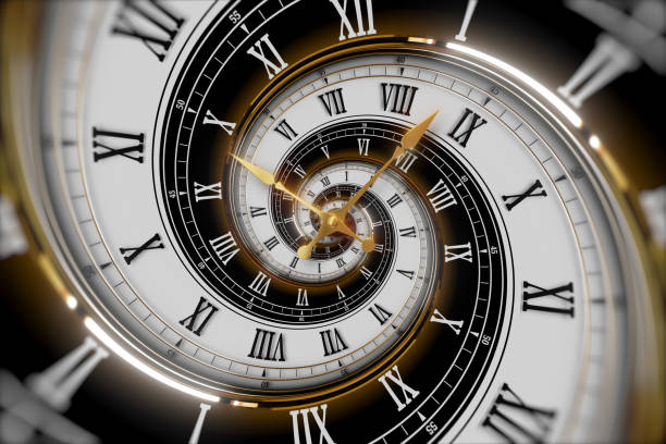 Abstract modern white spiral clock dial. Infinite time concept. Abstract modern white spiral clock dial with roman and arabic numerals. Concept of Infinite time, deadline, scheduling, time and space, past, present and future. never ending photos stock pictures, royalty-free photos & images