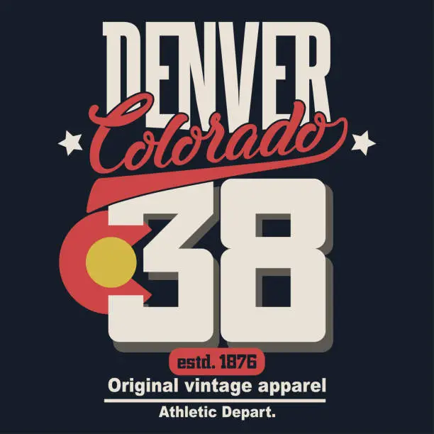 Vector illustration of Sport t-shirt graphics. Denver Colorado USA athletic apparel design. Vector