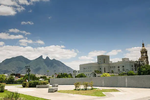 View of Cerro de la Silla mountain from Macroplaza in Monterrey, Nuevo Leon, Mexico