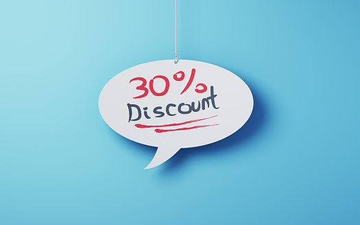 3d Render 30 % Discount Text Written on Note Paper in the Shape of a Speech Bubble Hanging on a Rope on a Blue Background, May be suitable for Big Sale, Campaign, Shopping concepts, (Close Up)