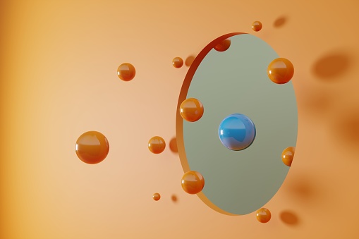Same colored spheres and a blue colored one flowing through a circle shaped portal. (3d render)