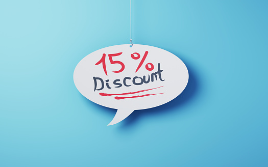 3d Render 15% Discount Text Written on Note Paper in the Shape of a Speech Bubble Hanging on a Rope on a Blue Background, May be suitable for Big Sale, Campaign, Shopping concepts, (Close Up)