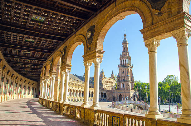 plaza de espana - seville water spain european culture stock-fotos und bilder