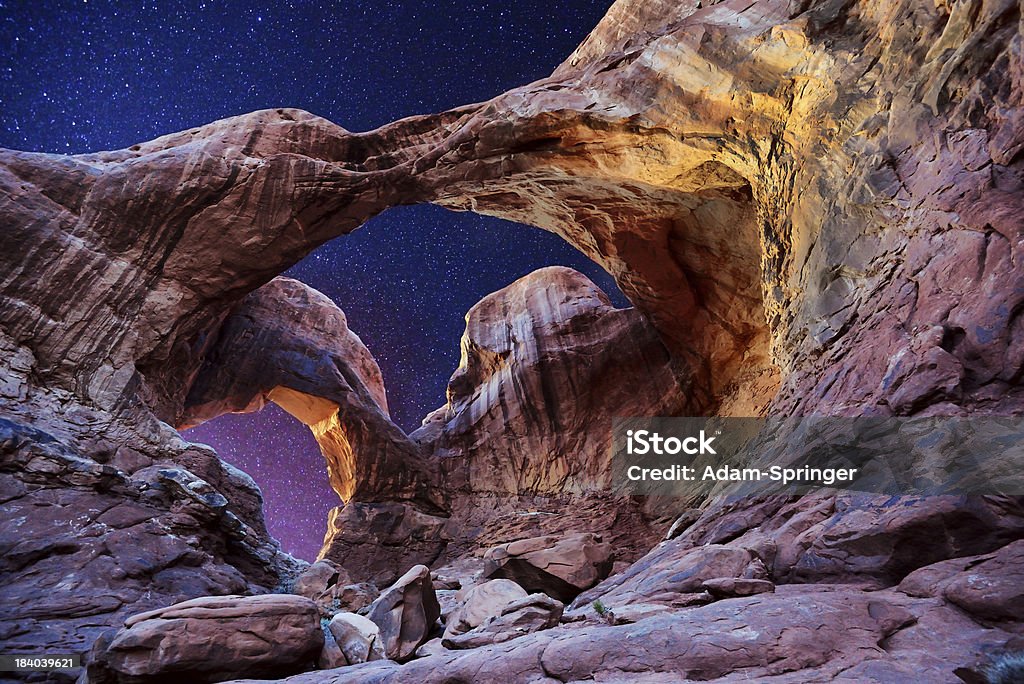 Double Arch-Stars Night exposure of Double Arch in Arches National Park Utah Arches National Park Stock Photo