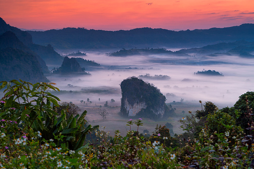 sunrise at phulangka mountain with myst in Phu Langka National Park, Payao Province, thailand