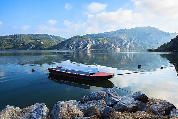  Foggy morning on the Danube. Djerdap National Park and the river Danube. Golubac,on the Serbian-Romanian border.  Danube is the widest in its entire course in Golubac,