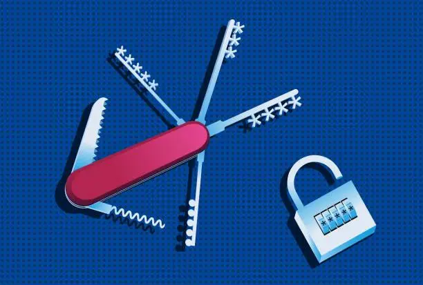 Vector illustration of Swiss knife with password keys vector illustration