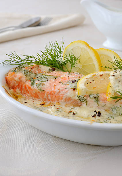 istock Salmon with cream and lemon sauce 184044792