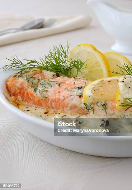 Salmon With Cream And Lemon Sauce Stock Photo - Download Image Now - Appetizer, Breakfast, Butter