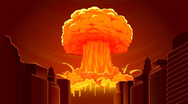 ilustraciones, imágenes clip art, dibujos animados e iconos de stock de bomba de explosión nuclear. hongo de nube de apocalipsis radiactivo en la ciudad. explosión nuclear atómica de dibujos animados, catástrofe ardiente ardiente, ciudad de destrucción. ilustración vectorial - fireball flame fire bomb