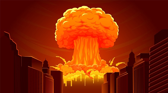 Nuclear explosion bomb. Radioactive apocalypse cloud mushroom in city. Cartoon atomic nuke blast, fiery burning catastrophe, destruction town. Vector illustration. Skyscrapers with flame and smoke