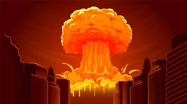 Vector illustration of Nuclear explosion bomb. Radioactive apocalypse cloud mushroom in city. Cartoon atomic nuke blast, fiery burning catastrophe, destruction town. Vector illustration