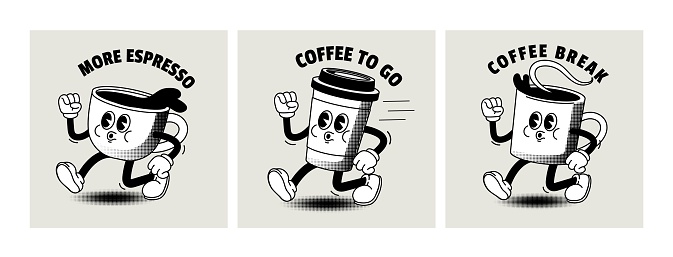 Cartoon coffee character. Comic vintage style coffee to go poster. Retro concept with breakfast drinks in cup for cafe. Walking mascot cappuccino take away. Vector illustration. Menu with beverage