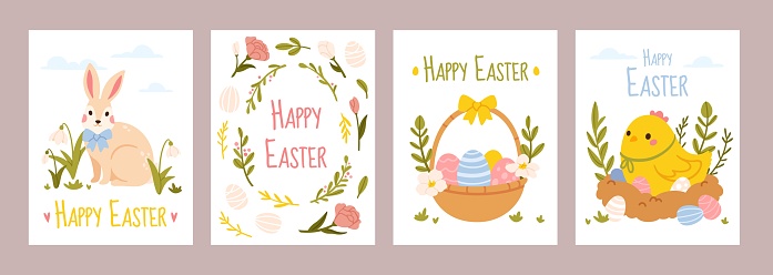 Happy Easter posters. Holiday greeting cards with bunny, spring snowdrop flowers, basket with Easter eggs and cute yellow chick. Vector banner set. Botanical plants with religious objects