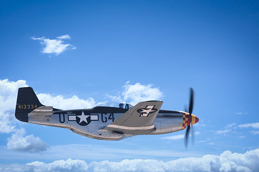 Miramar, California, USA - September 24, 2023: A P-51 Mustang, named Wee Willy II, in the skies at America's Airshow 2023.