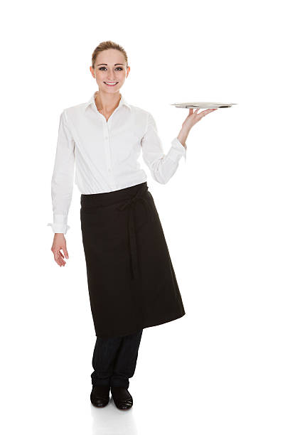 joven camarera sosteniendo una bandeja - women food smiling serving size fotografías e imágenes de stock