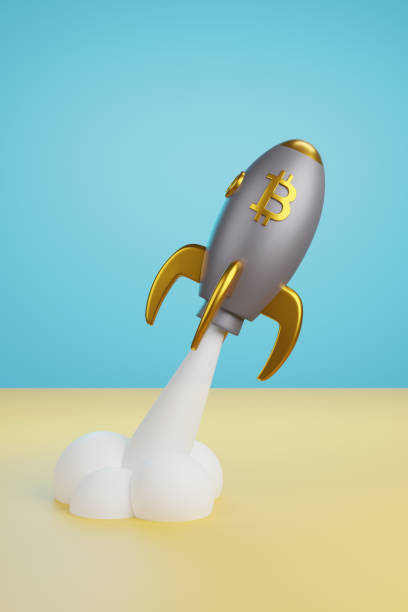 istock Cartoon space aircraft with bitcoin sign taking off. 3d illustration. 1840531230