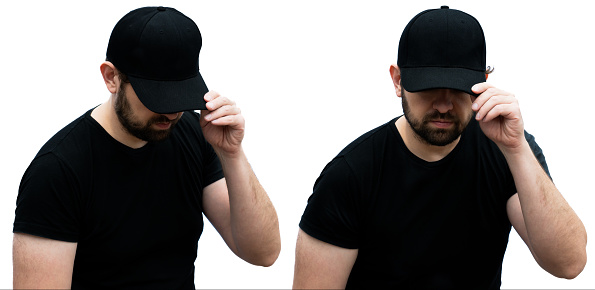 Man with a black t-shirt and cap, with space to put logos or brands. Mock up template for a cap design print.