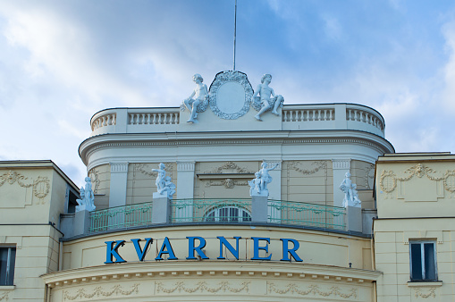 Opatija, Croatia - January 2023: Facade of the hotel Kvarner in Opatija, oldest luxury hotel on the Adriatic coast