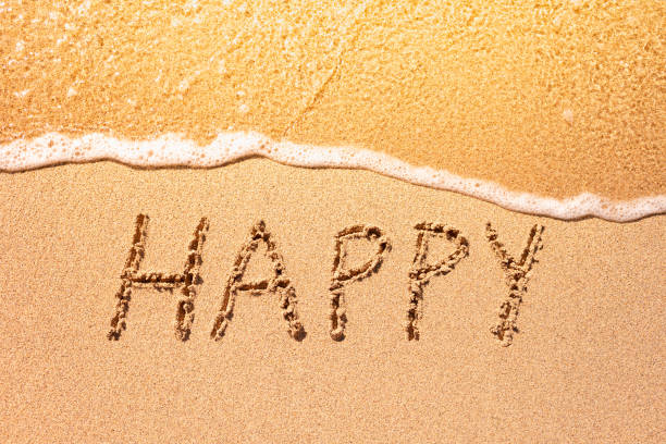 istock Happy sign written on the beach. 1840534337