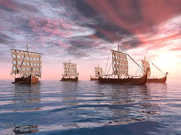 Computer generated 3D illustration with Viking Ships at sunset