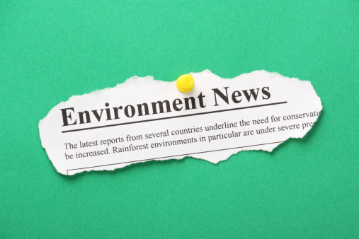 Newspaper Clipping with the headline Environment News pinned to a green paper background